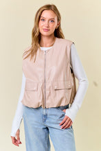 Beige Vegan Leather Round Neck Bubble Hem Vest Jacket