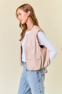 Beige Vegan Leather Round Neck Bubble Hem Vest Jacket