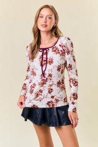 Coconut/Burgundy Floral Square Neck Ribbon Puff Long Sleeve Top