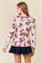 Coconut/Burgundy Floral Square Neck Ribbon Puff Long Sleeve Top