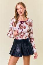 Coconut/Burgundy Floral Square Neck Ribbon Puff Long Sleeve Top