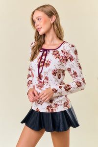 Coconut/Burgundy Floral Square Neck Ribbon Puff Long Sleeve Top