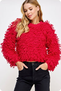 Red Knitted Fringe Shaggy Sweater