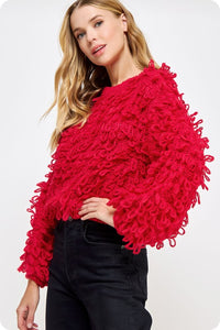 Red Knitted Fringe Shaggy Sweater