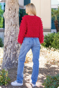 Red Knitted Fringe Shaggy Sweater