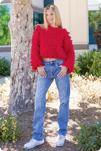 Red Knitted Fringe Shaggy Sweater