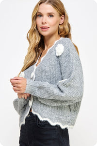 Gray/White Camellia Cardigan Sweater