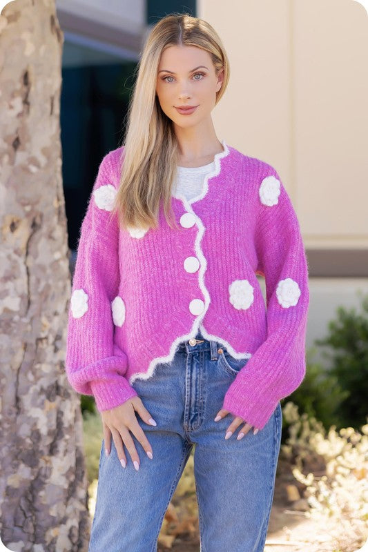 Pink/Off White Camellia Cardigan Sweater