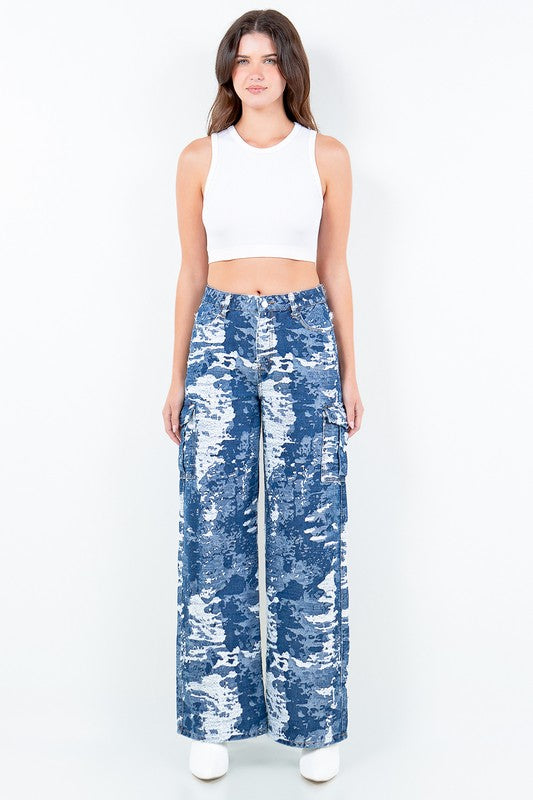 Blue Combo Wide Leg Jacquard Trim Pants