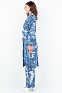 Blue Combo Jacquard Trim Long Trench Coat