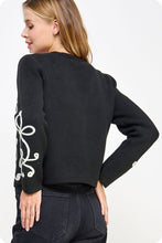 Black/Cream Contrast Squiggle Embroidered Cardigan Sweater