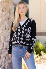 Black/Cream Contrast Squiggle Embroidered Cardigan Sweater