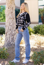 Black/Cream Contrast Squiggle Embroidered Cardigan Sweater