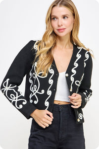 Black/Cream Contrast Squiggle Embroidered Cardigan Sweater