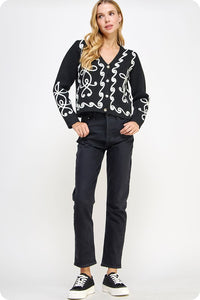 Black/Cream Contrast Squiggle Embroidered Cardigan Sweater