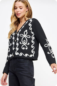 Black/Cream Contrast Squiggle Embroidered Cardigan Sweater