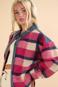 Pink Mix Textured Denim Contrast Plaid Shacket Jacket