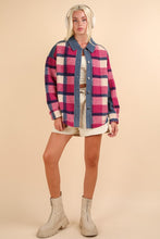 Pink Mix Textured Denim Contrast Plaid Shacket Jacket