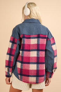 Pink Mix Textured Denim Contrast Plaid Shacket Jacket