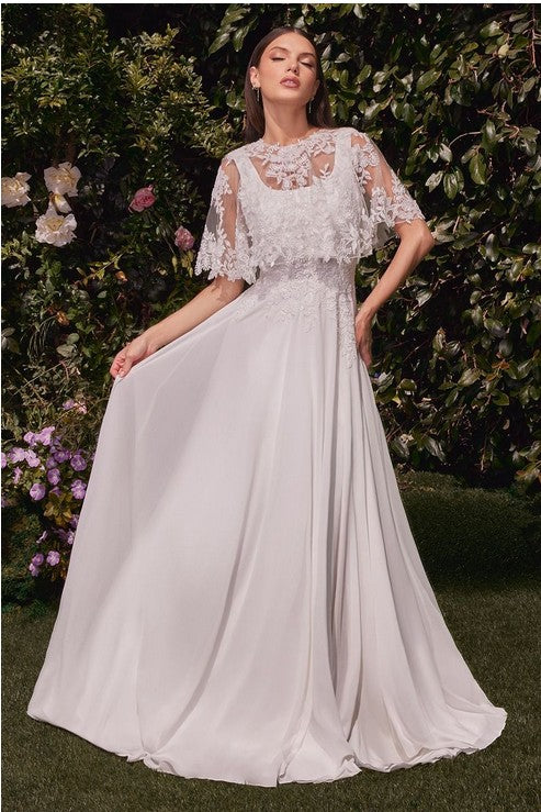 Off White A-Line Chiffon Bridal Gown With Removable Cape