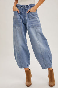 Lt.Wash Denim Mid-Waist Drawstrings Barrel Jeans