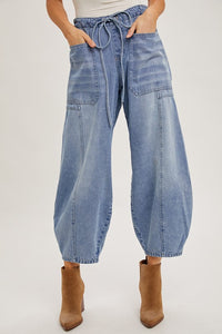 Lt.Wash Denim Mid-Waist Drawstrings Barrel Jeans