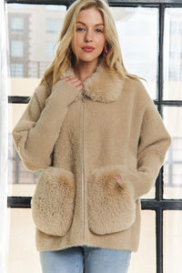 Khaki Faux Fur Accent Zip Up Sweater Coat