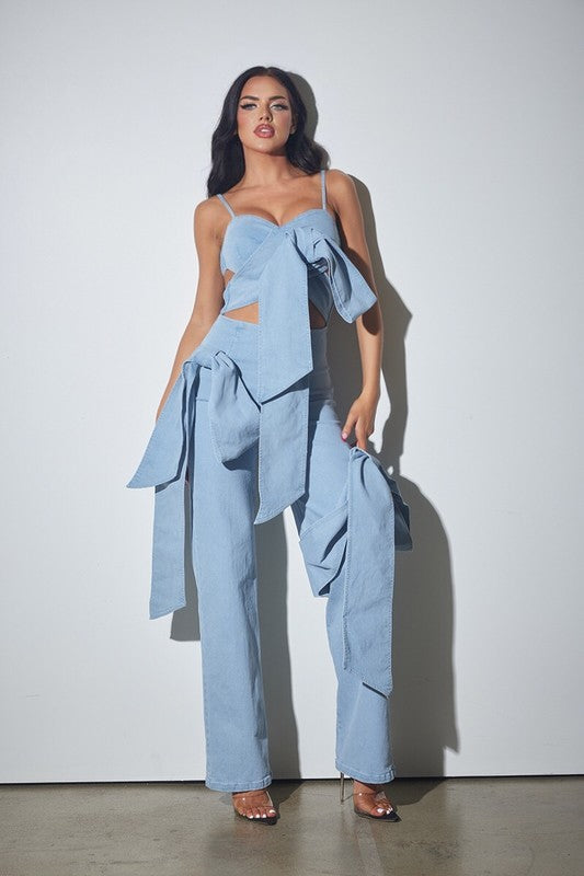 Light Blue Denim Spandex Jumpsuit With Ribbon Ties