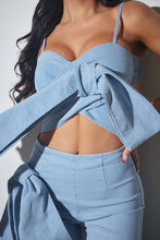 Light Blue Denim Spandex Jumpsuit With Ribbon Ties