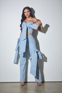 Light Blue Denim Spandex Jumpsuit With Ribbon Ties