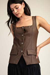 Brown Faux Leather Squared Neckline Tailored Top