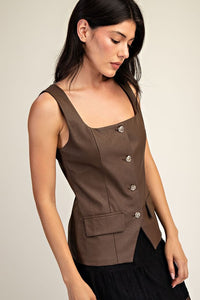 Brown Faux Leather Squared Neckline Tailored Top