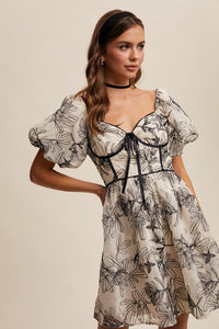 Ecru Puff Sleeve Floral Mini Dress