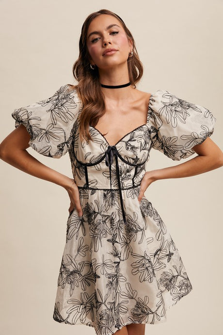 Ecru Puff Sleeve Floral Mini Dress