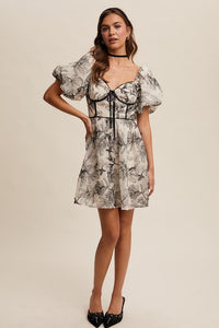 Ecru Puff Sleeve Floral Mini Dress