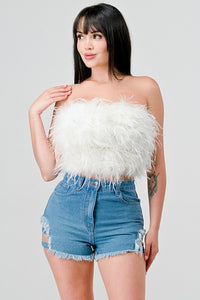 White Chic Faux Feather Strapless Fluffy Tube Crop Top