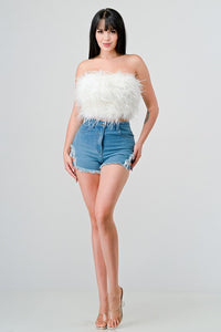 White Chic Faux Feather Strapless Fluffy Tube Crop Top