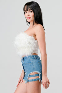 White Chic Faux Feather Strapless Fluffy Tube Crop Top