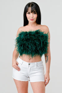 Hunter Green Chic Faux Feather Strapless Fluffy Tube Crop Top