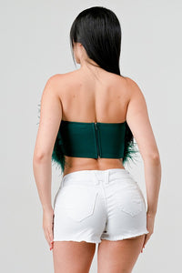 Hunter Green Chic Faux Feather Strapless Fluffy Tube Crop Top