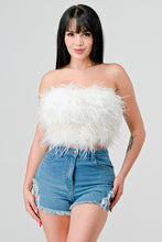 White Chic Faux Feather Strapless Fluffy Tube Crop Top