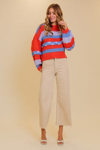 Red/Blue Vibrant Stripes Chunky-Knit Sweater