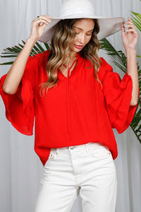 Red Tie Neck Layered Ruffle Short Sleeve Top