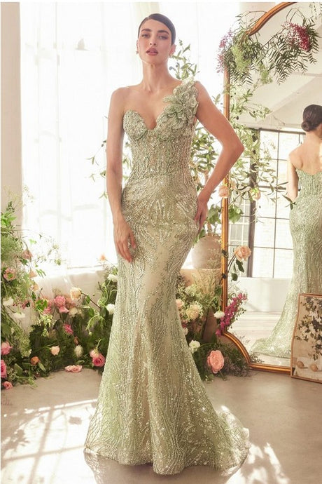 Greenery One Shoulder Fully Beaded Floral Motif Gown