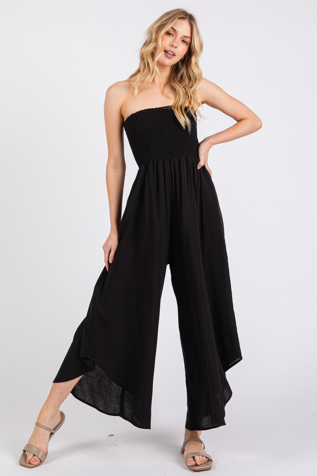 Black Smocked Detail Off Shoulder Jumpsuit