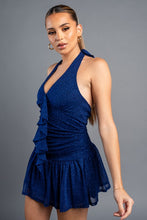 Navy Glitter Mesh Ruffled Draped Ruched Skater Dress