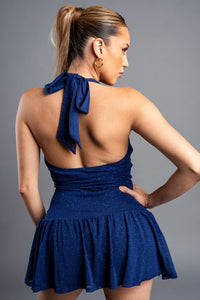 Navy Glitter Mesh Ruffled Draped Ruched Skater Dress