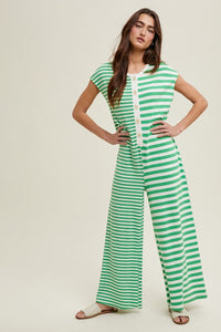 Green/White Multi-Striped Button-Up Jumpsuit