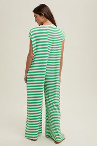 Green/White Multi-Striped Button-Up Jumpsuit