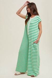 Green/White Multi-Striped Button-Up Jumpsuit